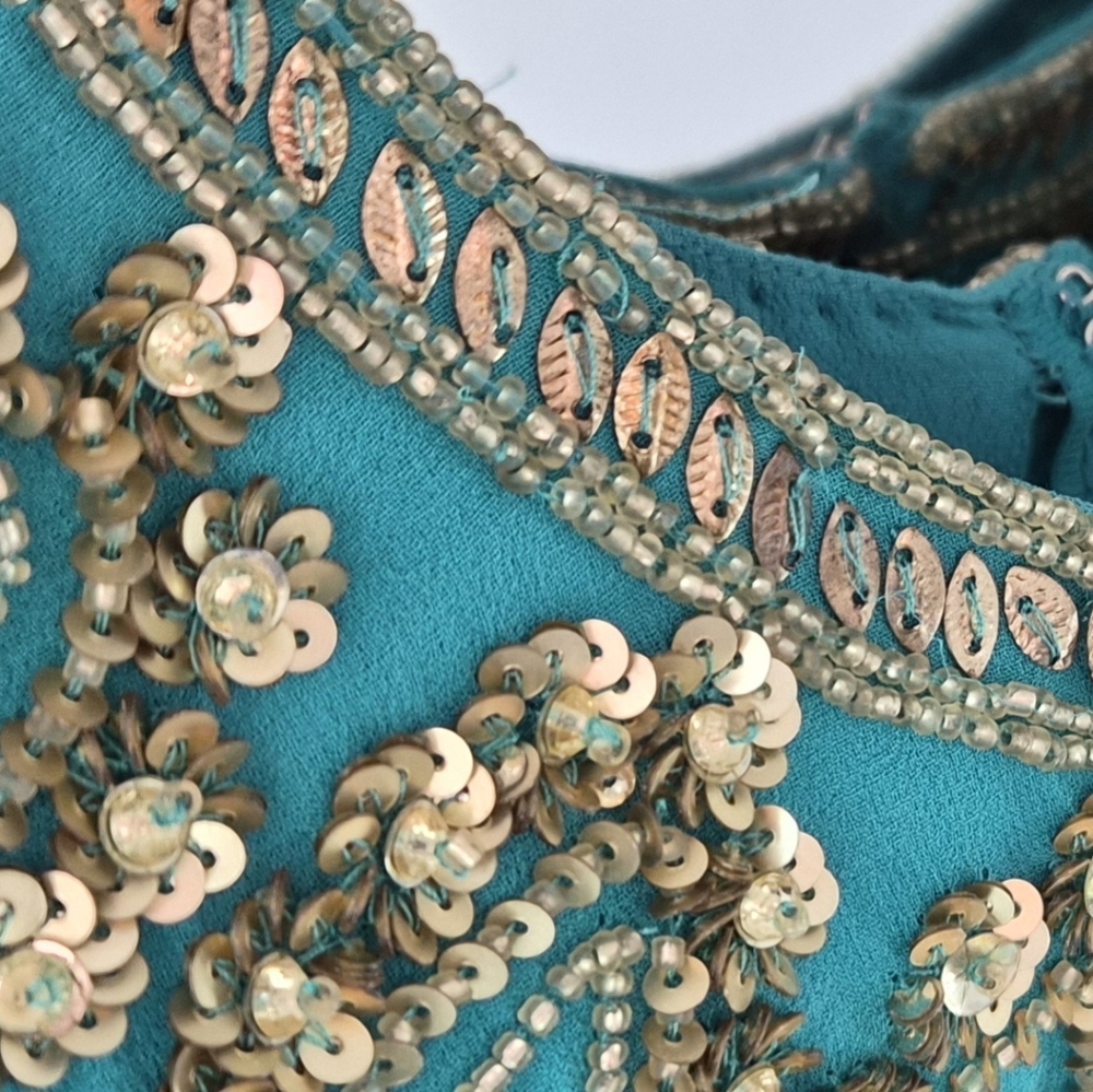 French Connection Teal Dress with Gold Embellishments